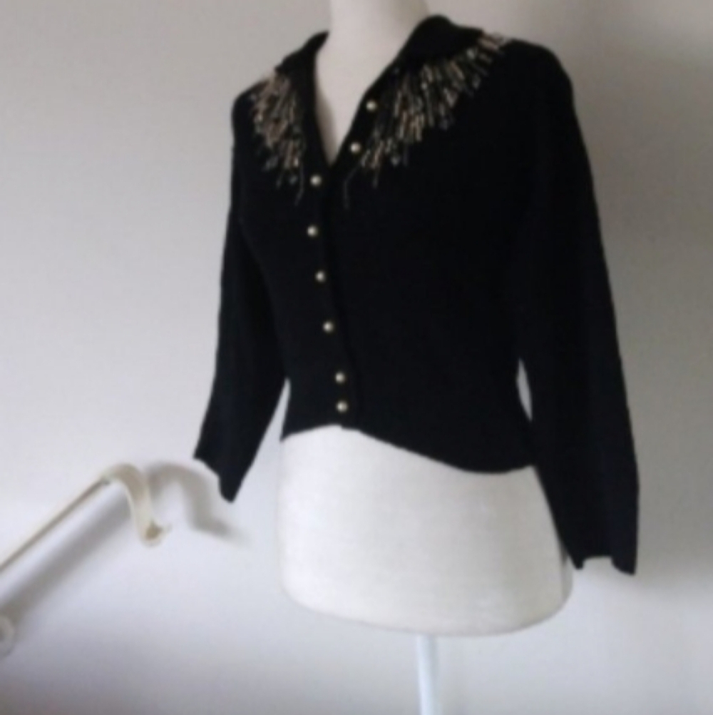 Vintage 1940s 1950s Kims Beaded Chandelier Buttoned Cardigan Sweater